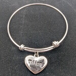 Tiffany Name Heart Charm Expandable Silver Tone Wire Bangle Bracelet
